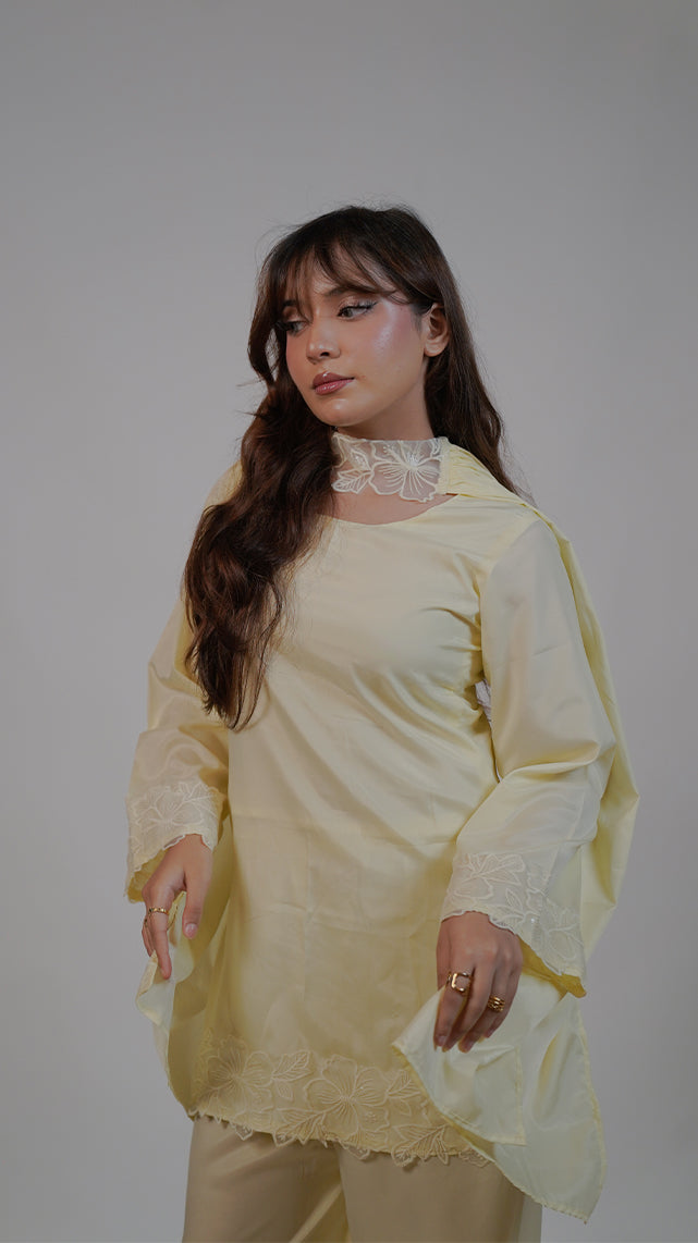 Custard Butter Yellow Kurti Set (3 pieces )