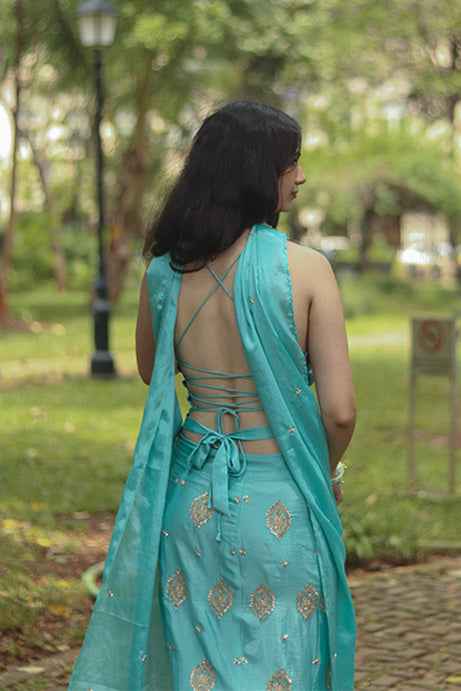 Blue Jasmine Sculpting Mermaid Lehenga Set With Corset Back