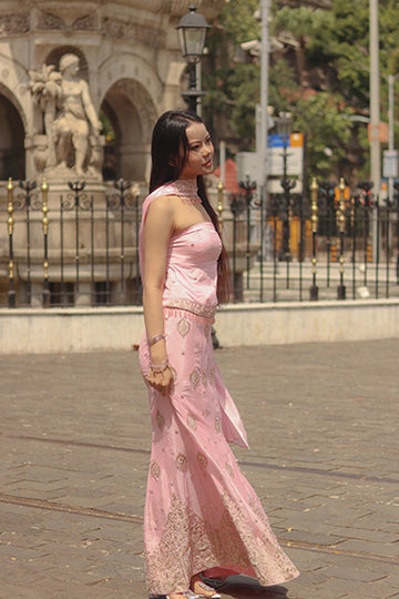 Pink Sakura Sculpting Mermaid Lehenga Set With Corset Back