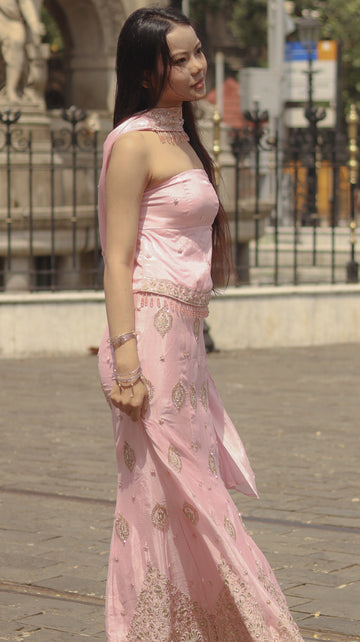 Pink Sakura Sculpting Mermaid Lehenga Set With Corset Back