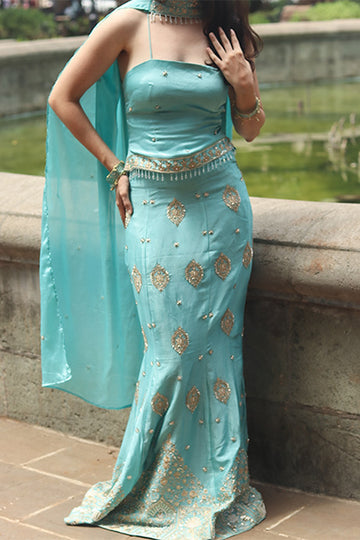 Blue Jasmine Sculpting Mermaid Lehenga Set With Corset Back