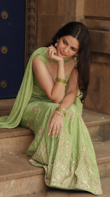 Green Mudita Sculpting Mermaid Lehenga Set With Corset Back