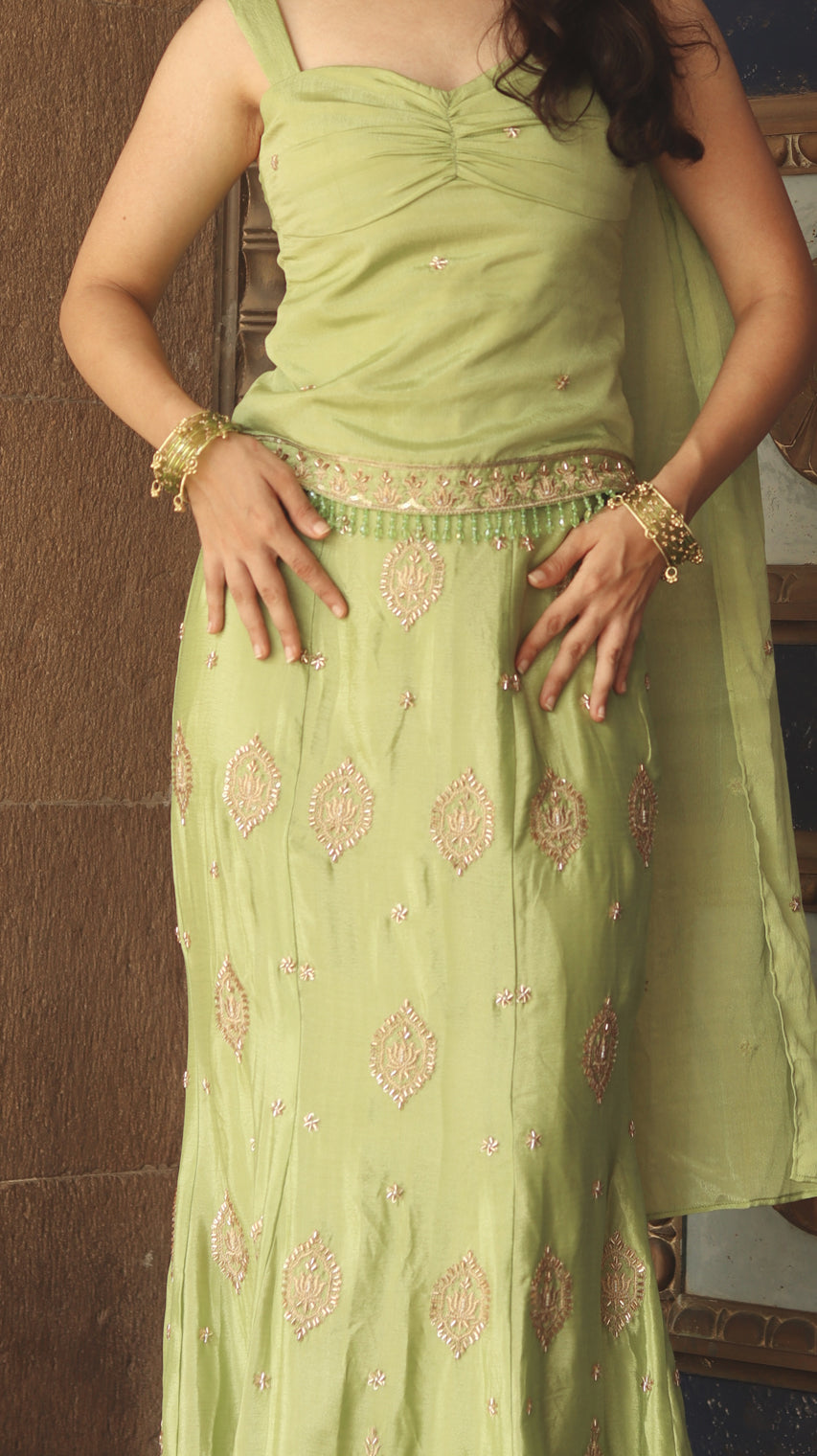 Green Mudita Sculpting Mermaid Lehenga Set With Corset Back