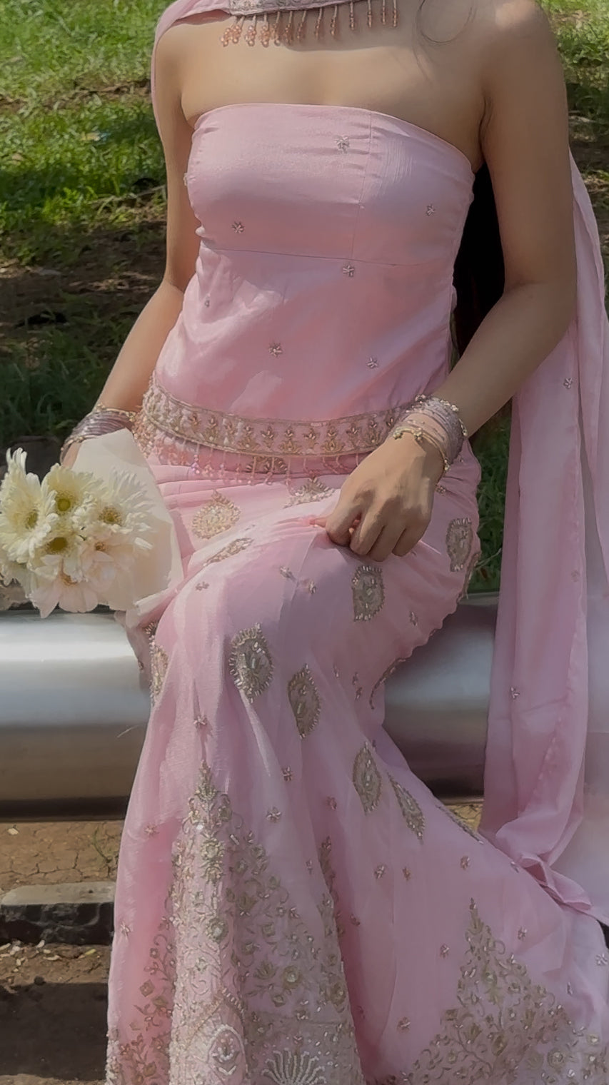 Pink Sakura Sculpting Mermaid Lehenga Set With Corset Back