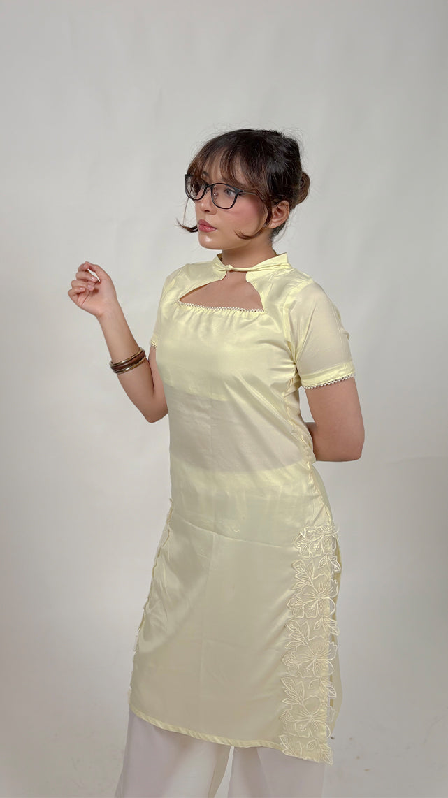 Anna Butter Yellow Qipao Kurti Set (2 pieces)